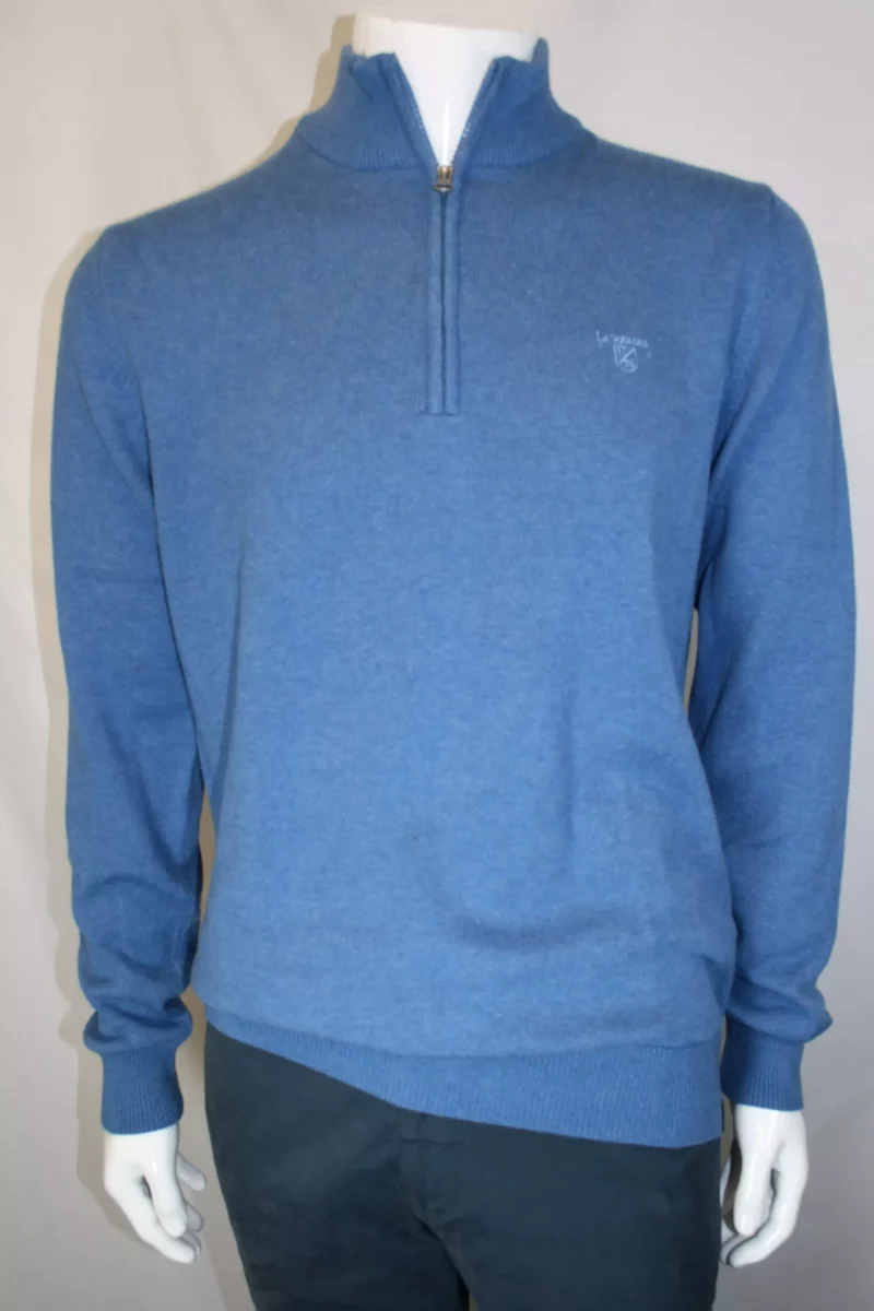 Pull Col Cheminee Coton Laine Bleu Moyen