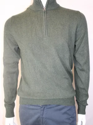 Pull Col Cheminee Coton Laine Kaki Fonce