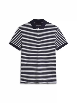 Polo Manches Courtes Mercerise Rayure Bicolore Bleu Moyen