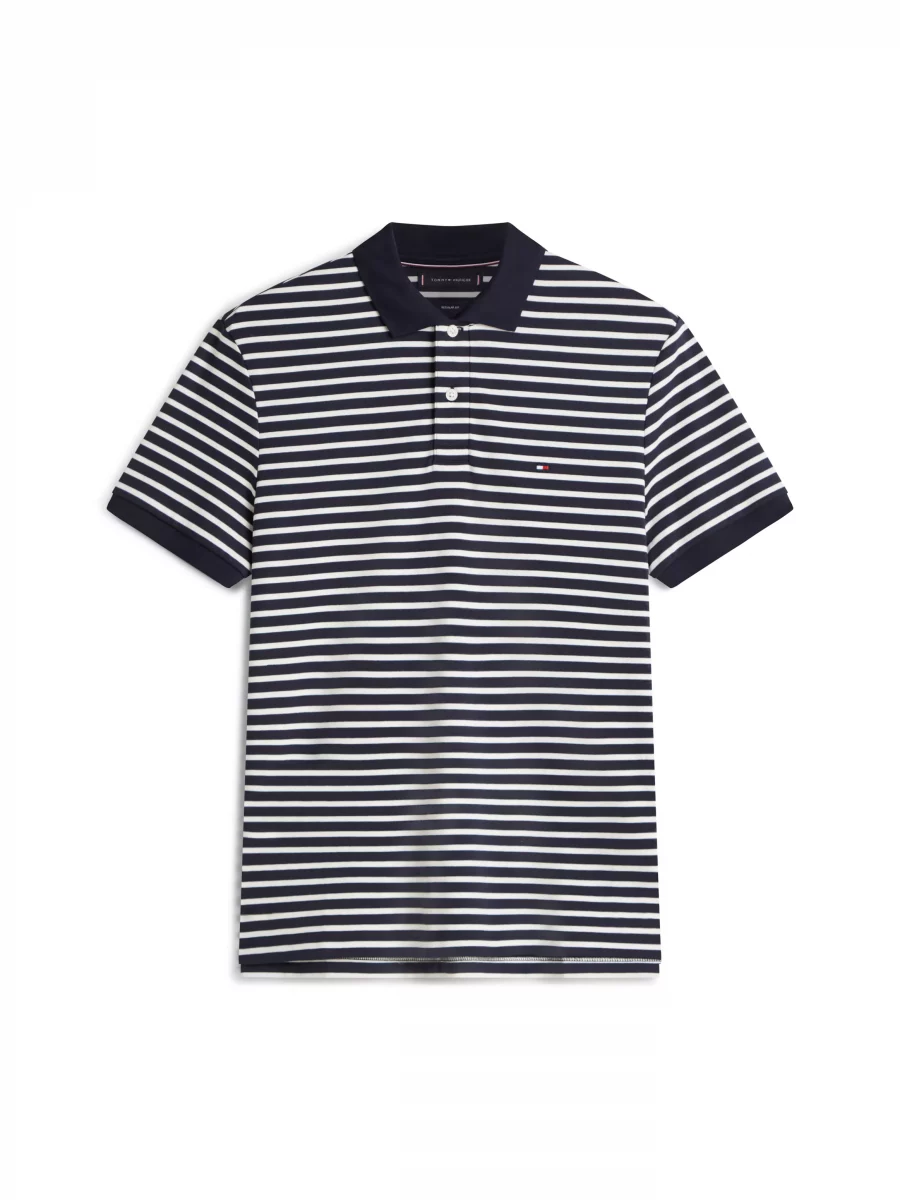 Polo Manches Courtes Mercerise Rayure Bicolore Bleu Moyen