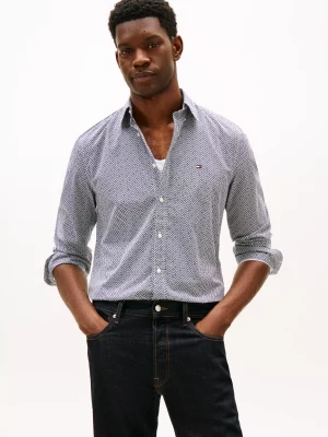 Chemise Manches Longues Sport Imprime Geometrique Bleu Fonce