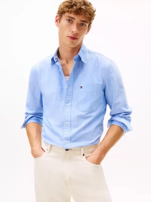 Chemise Manches Longues Sport Oxford Fine Rayure Couleur Bleu Clair