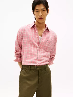 Chemise Manches Longues Sport Coton Lin Carreau Rose Moyen