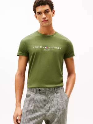 T-shirt Manches Courtes Broderie Tommy Kaki Fonce