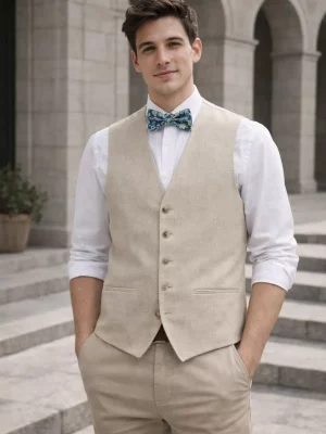 Gilet Ceremonie Toile Lin Casino Beige Clair