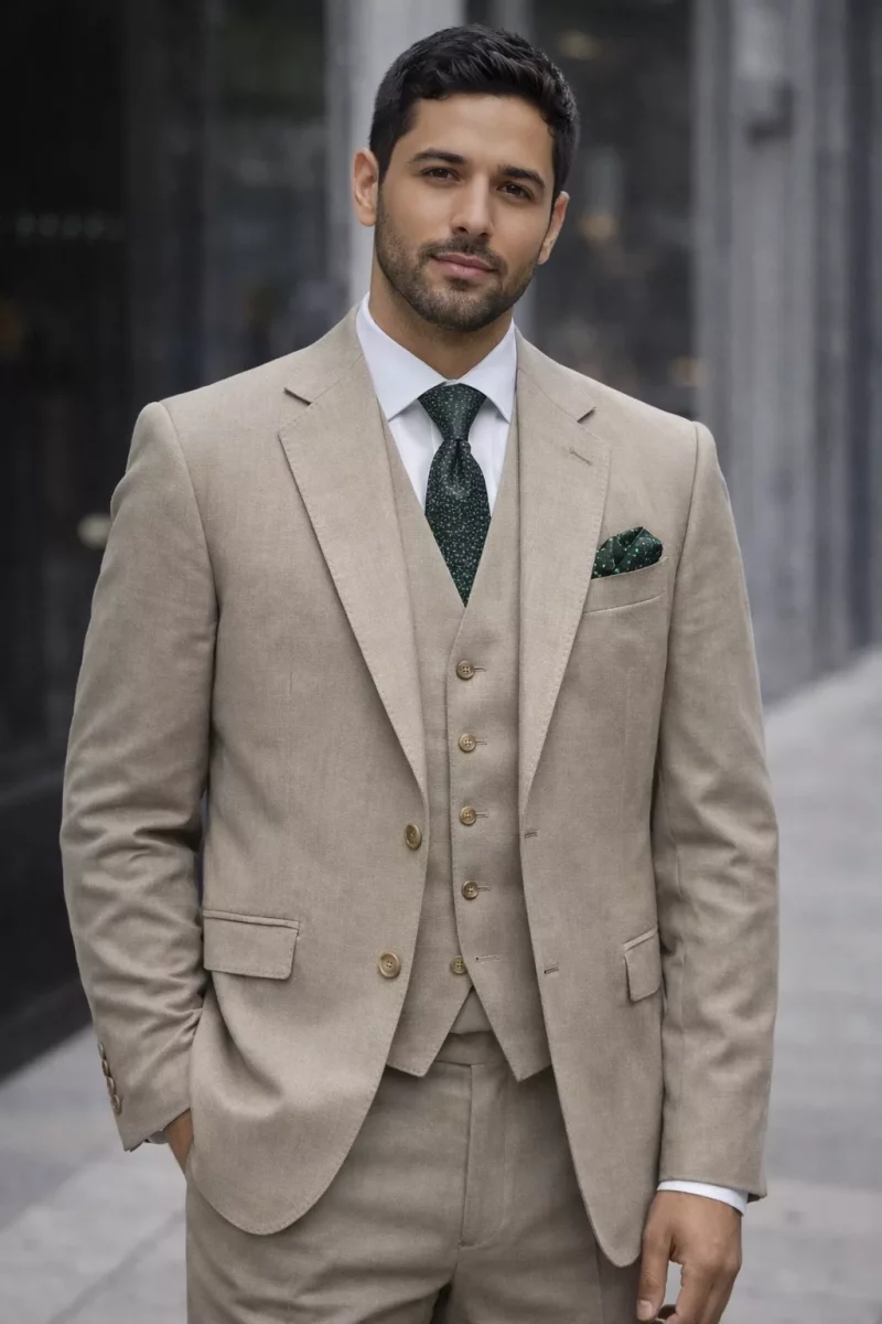 Costume 2 Pieces Toile Lin Las Bang Beige Moyen