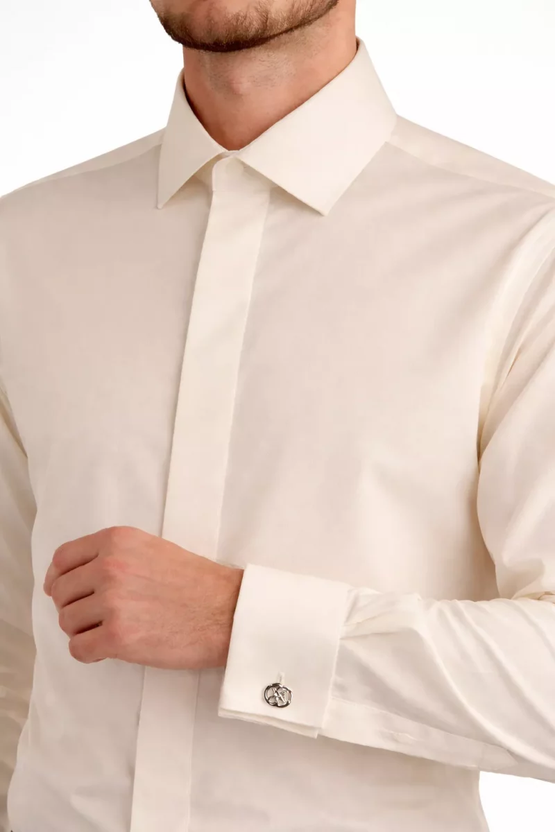 Chemise Manches Longues Ville Slim Twill Uni Mousquetaires Beige Clair