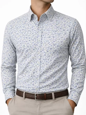 Chemise Manches Longues Ville Fleurs Bicolore Modern-3 Bleu Clair