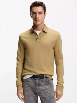 Polo Manches Longues Pique Uni Beige Moyen