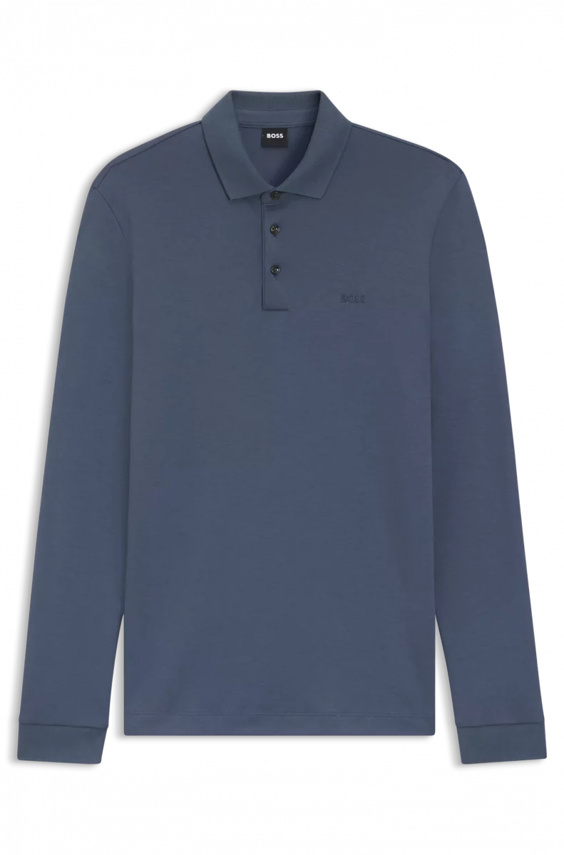 Polo Manches Longues Pique Uni Bleu Moyen – Image 2