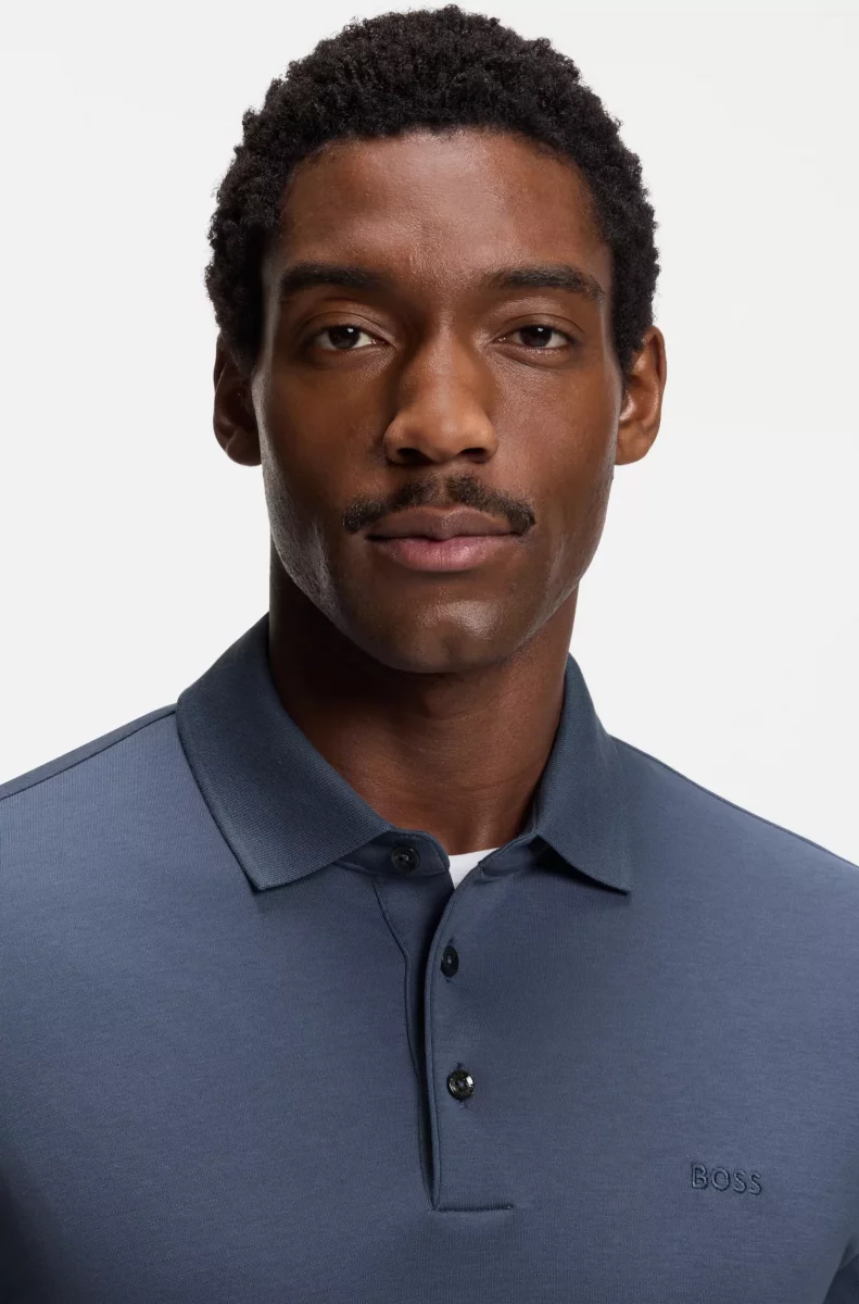 Polo Manches Longues Pique Uni Bleu Moyen – Image 3