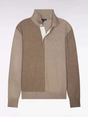 Pull Col Cheminee Lyocell Col Polo Bicolore Beige Moyen