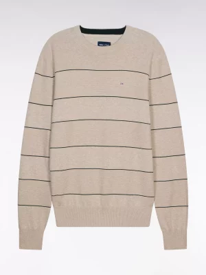 Pull Col Rond Fine Rayure Beige Moyen