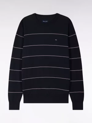 Pull Col Rond Fine Rayure Bleu Fonce