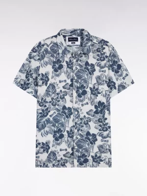 Chemise Manches Courtes Sport Nid Abeille Imprime Fleurs Bleu Moyen