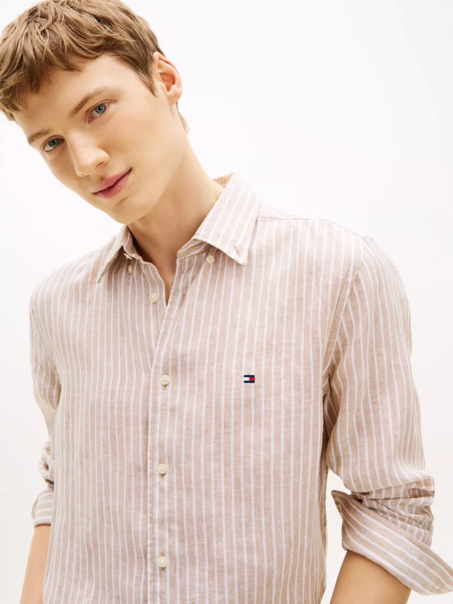 Chemise Manches Longues Sport Rayure Lin Beige Moyen – Image 3