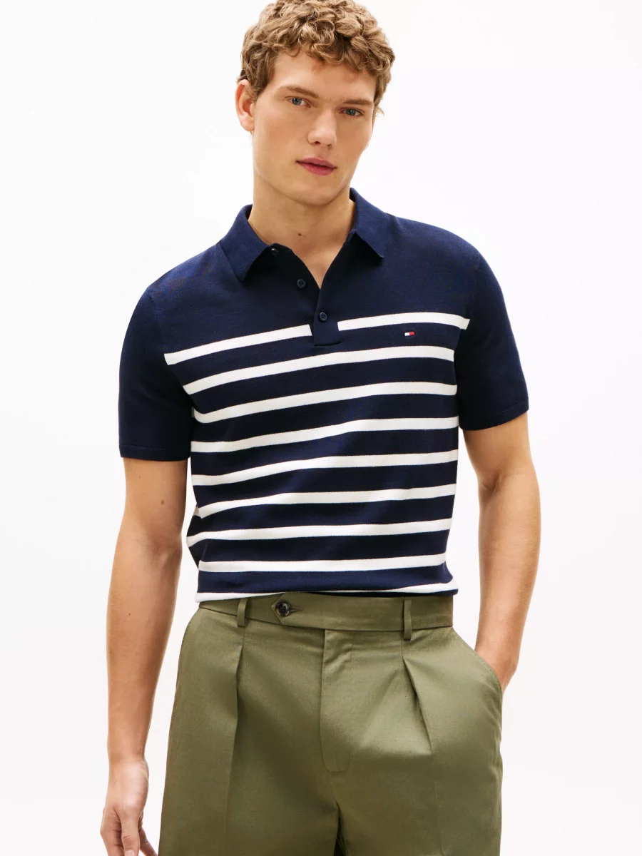 Polo Manches Courtes Polo Tricot Raye Bleu Fonce