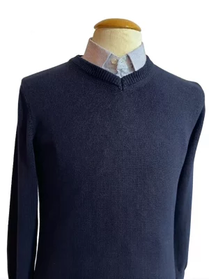 Pull Col V Coton Bio V Uni Bleu Fonce