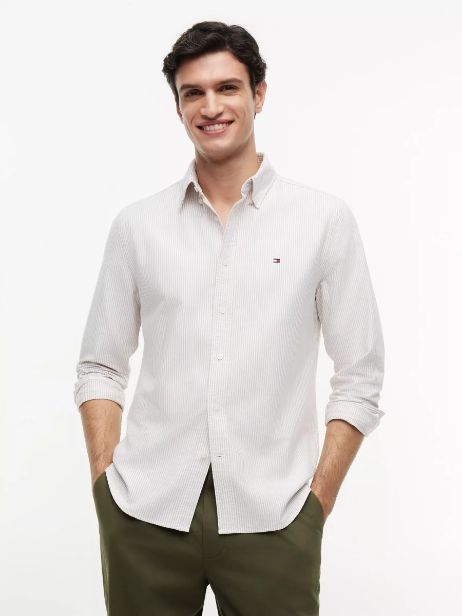 Chemise Manches Longues Sport Oxford Rayure Beige Moyen