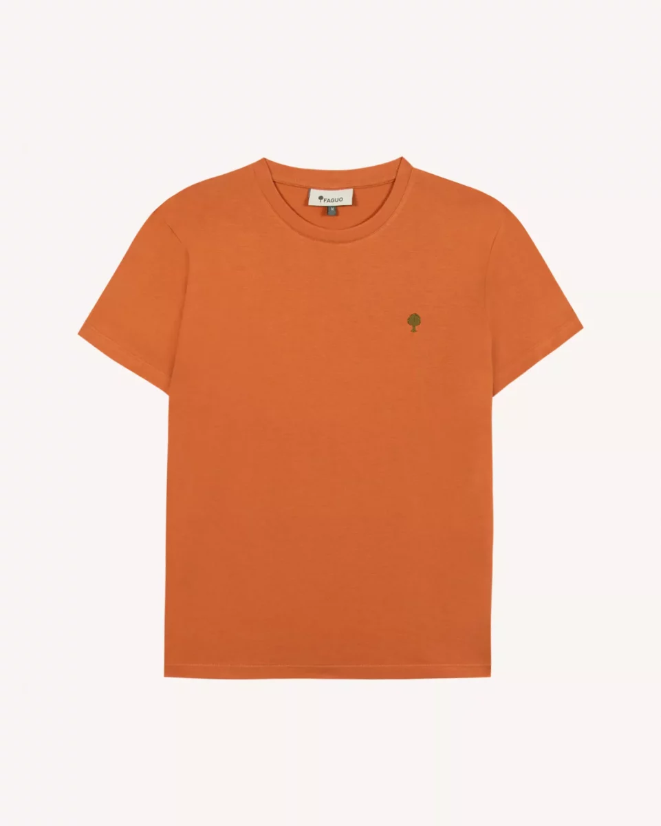 T-shirt Manches Courtes Broderie Arbre Orange Moyen