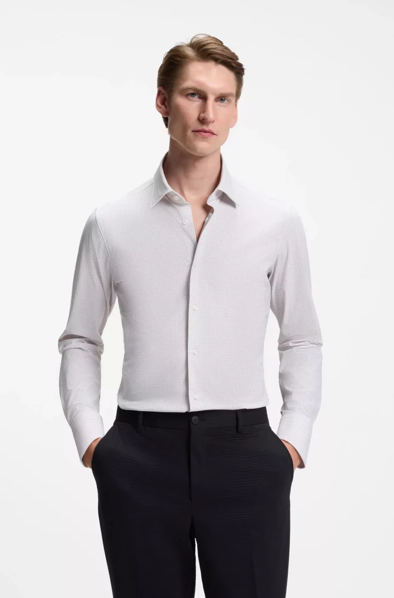 Chemise Manches Longues Ville Performance Imprime Carre Beige Clair – Image 5