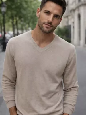 Pull Col V Coton Bio V Uni Beige Clair