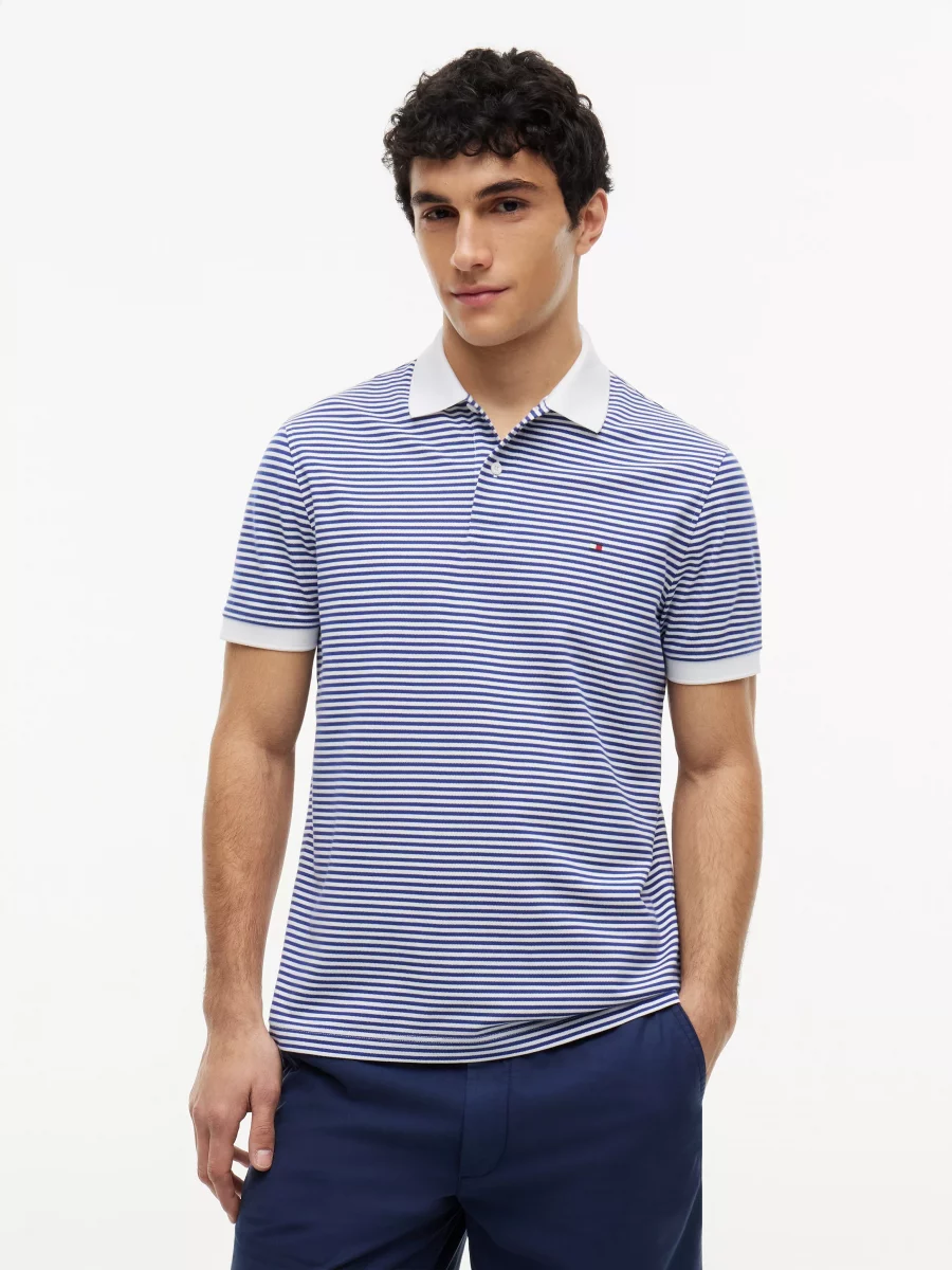 Polo Manches Courtes Fine Rayure Bleu Moyen