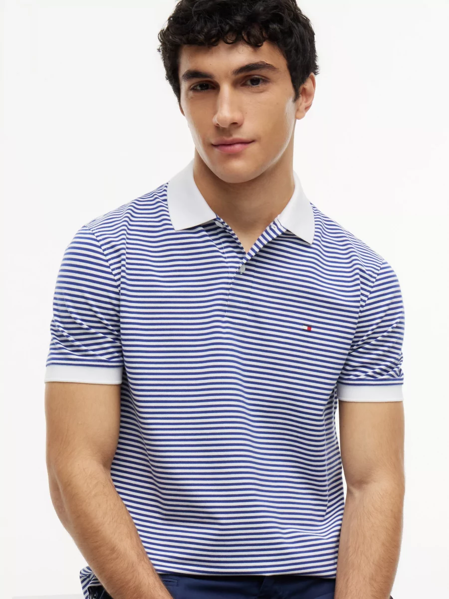Polo Manches Courtes Fine Rayure Bleu Moyen – Image 2