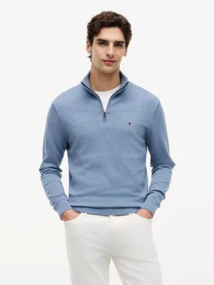 Pull Col Cheminee Coton 1/2 Zip Uni Bleu Clair