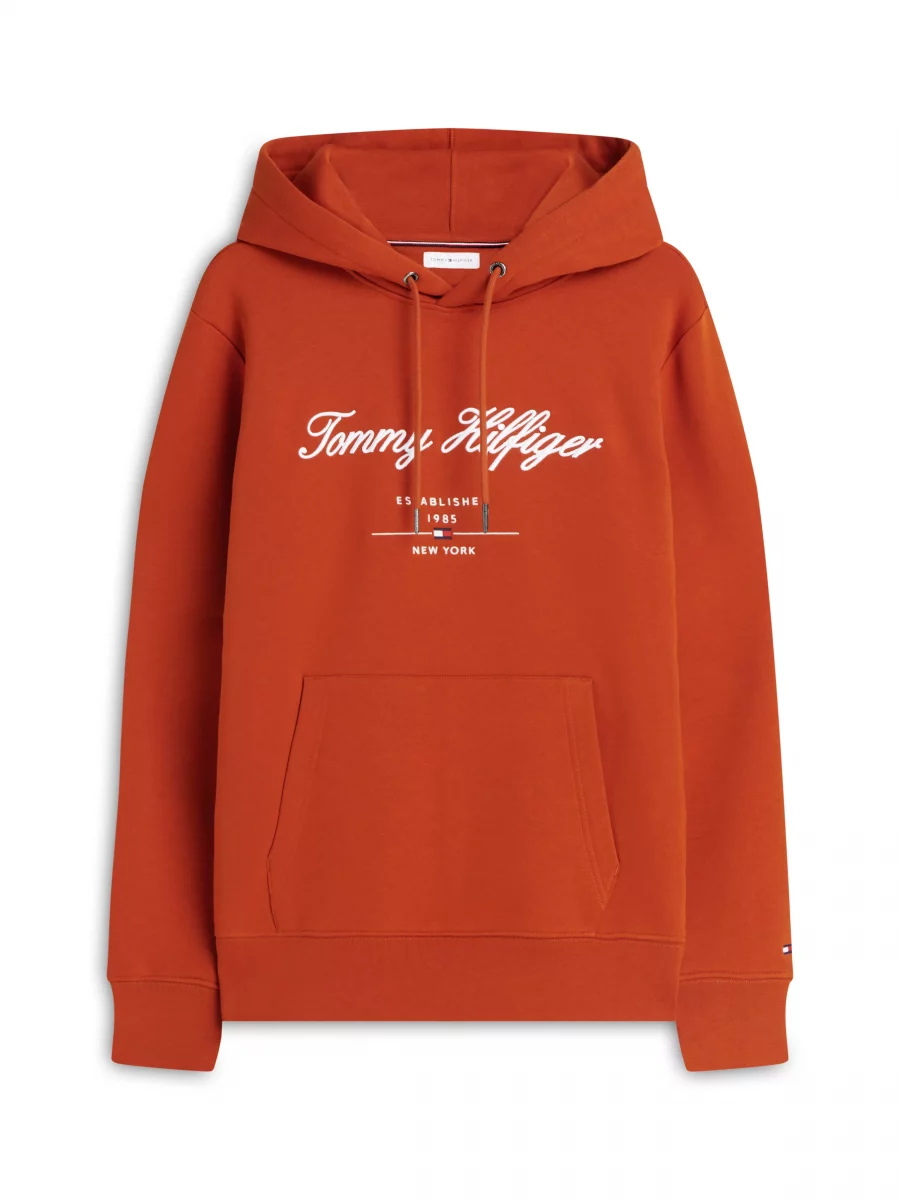 Pull Sweat Molleton Capuche Broderie Orange Moyen