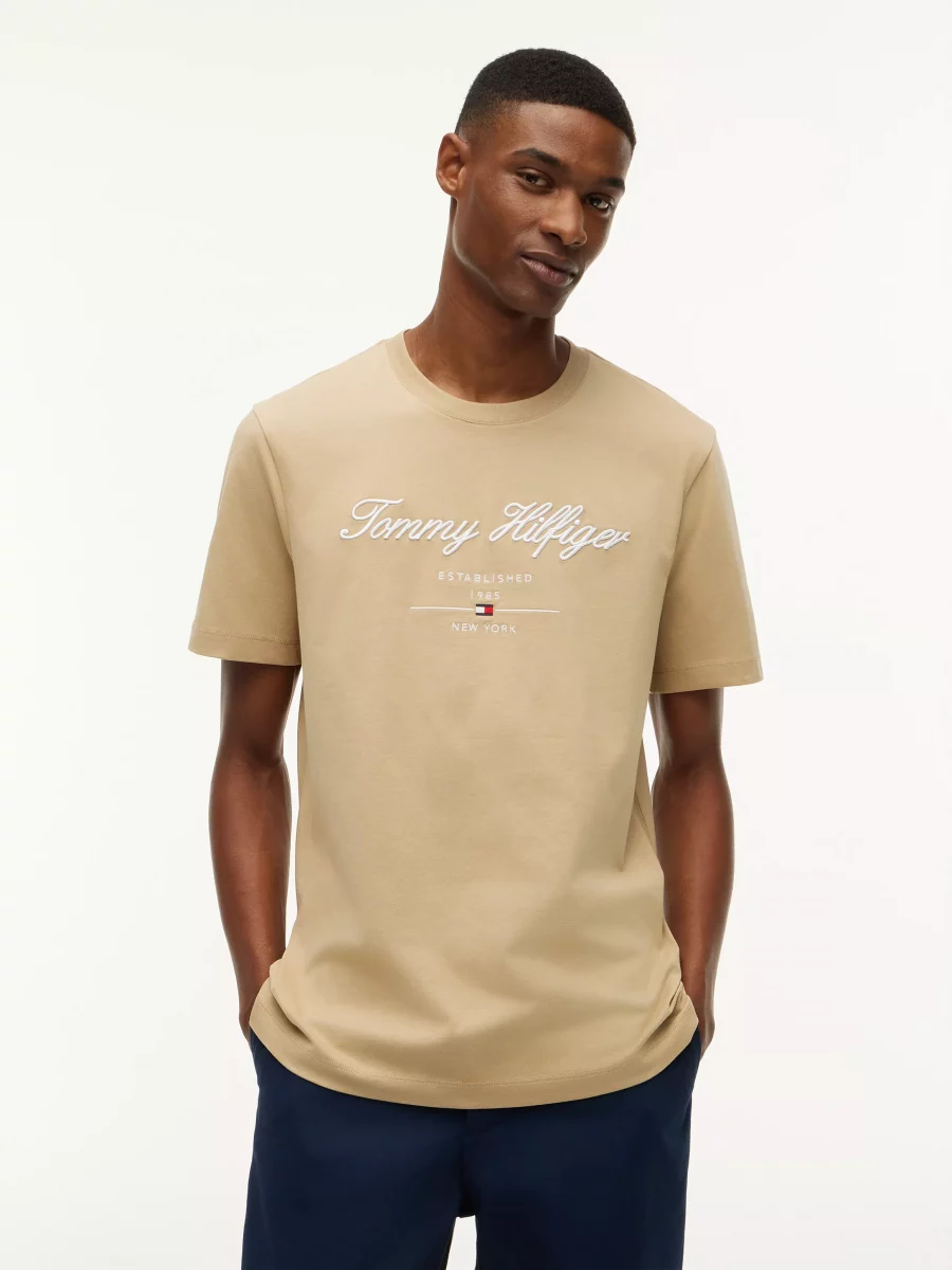 T-shirt Manches Courtes Broderie Tommy Italique Beige Moyen