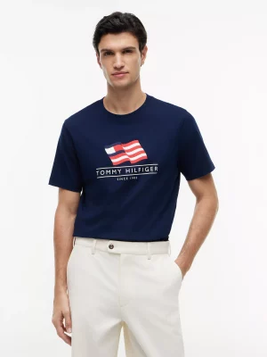 T-shirt Manches Courtes Broderie Drapeau Bleu Fonce