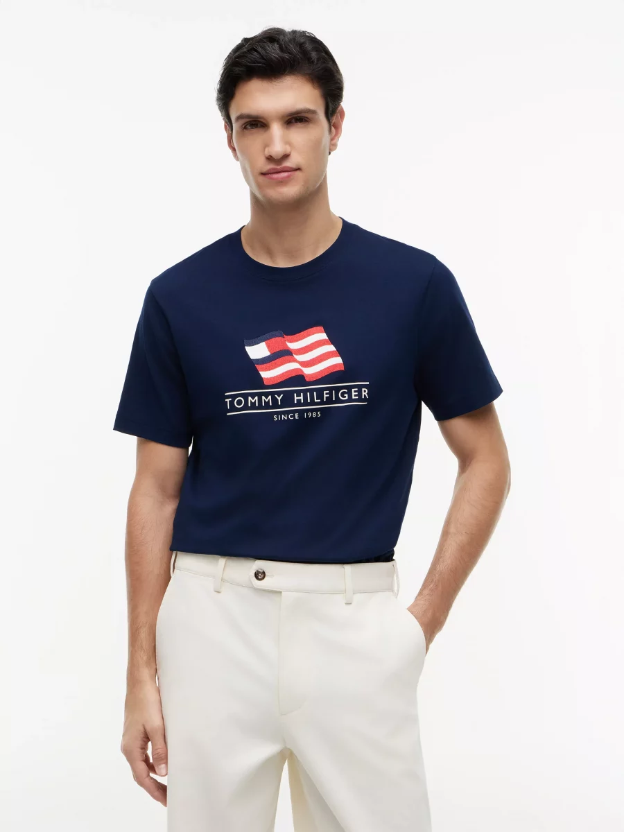 T-shirt Manches Courtes Broderie Drapeau Bleu Fonce