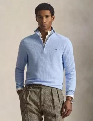 Pull Col Cheminee Nid Abeille 1/2 Zip Bleu Clair