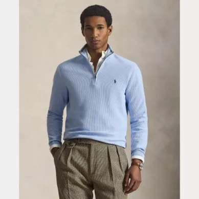 Pull Col Cheminee Nid Abeille 1/2 Zip Bleu Clair