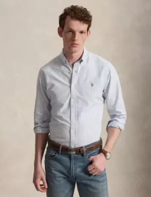 Chemise Manches Longues Sport Slim Oxford Rayure Bleu Clair