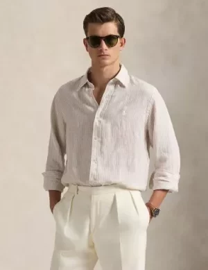 Chemise Manches Longues Sport Lin Rayure Beige Clair
