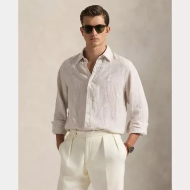 Chemise Manches Longues Sport Lin Rayure Beige Clair