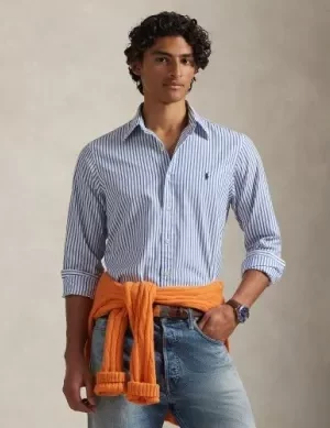 Chemise Manches Longues Sport Popeline Rayure Semi-large Bleu Moyen