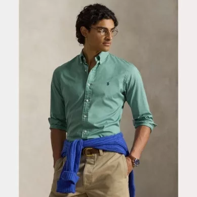 Chemise Manches Longues Sport Custom Popeline Lavee Vert Moyen