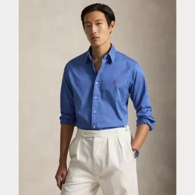 Chemise Manches Longues Sport Custom Popeline Lavee Bleu Moyen