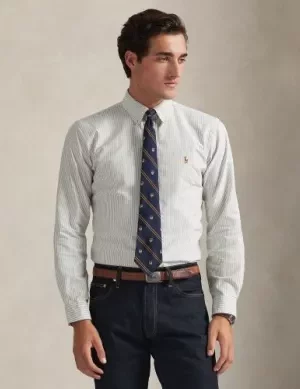 Chemise Manches Longues Sport Slim Oxford Rayure Kaki Moyen