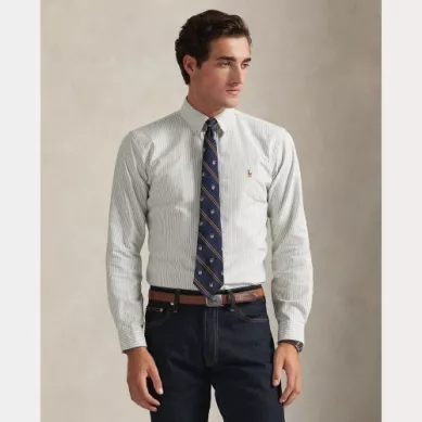 Chemise Manches Longues Sport Slim Oxford Rayure Kaki Moyen