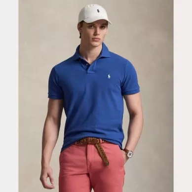 Polo Manches Courtes Custom Pique Uni Bleu Moyen