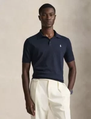 Polo Manches Courtes Tricot Coton Bord Cote Uni Bleu Fonce