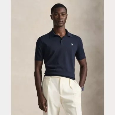 Polo Manches Courtes Tricot Coton Bord Cote Uni Bleu Fonce