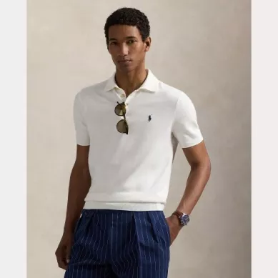 Polo Manches Courtes Tricot Coton Bord Cote Uni Beige Clair