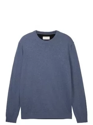 Pull Col Rond Coton Uni Bleu Moyen
